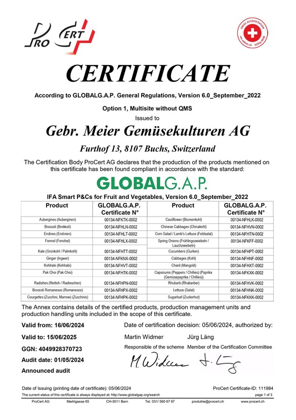 GLOBALG.A.P. Gebr. Meier Gemüsekulturen AG